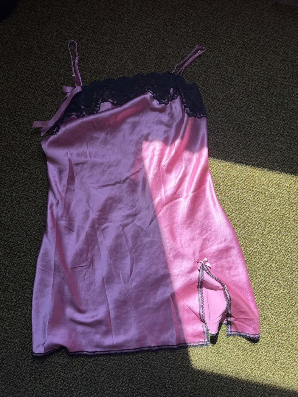 VS ANGELS Pink Silk Nightgown with Black Lace Detail & Bows SZ S